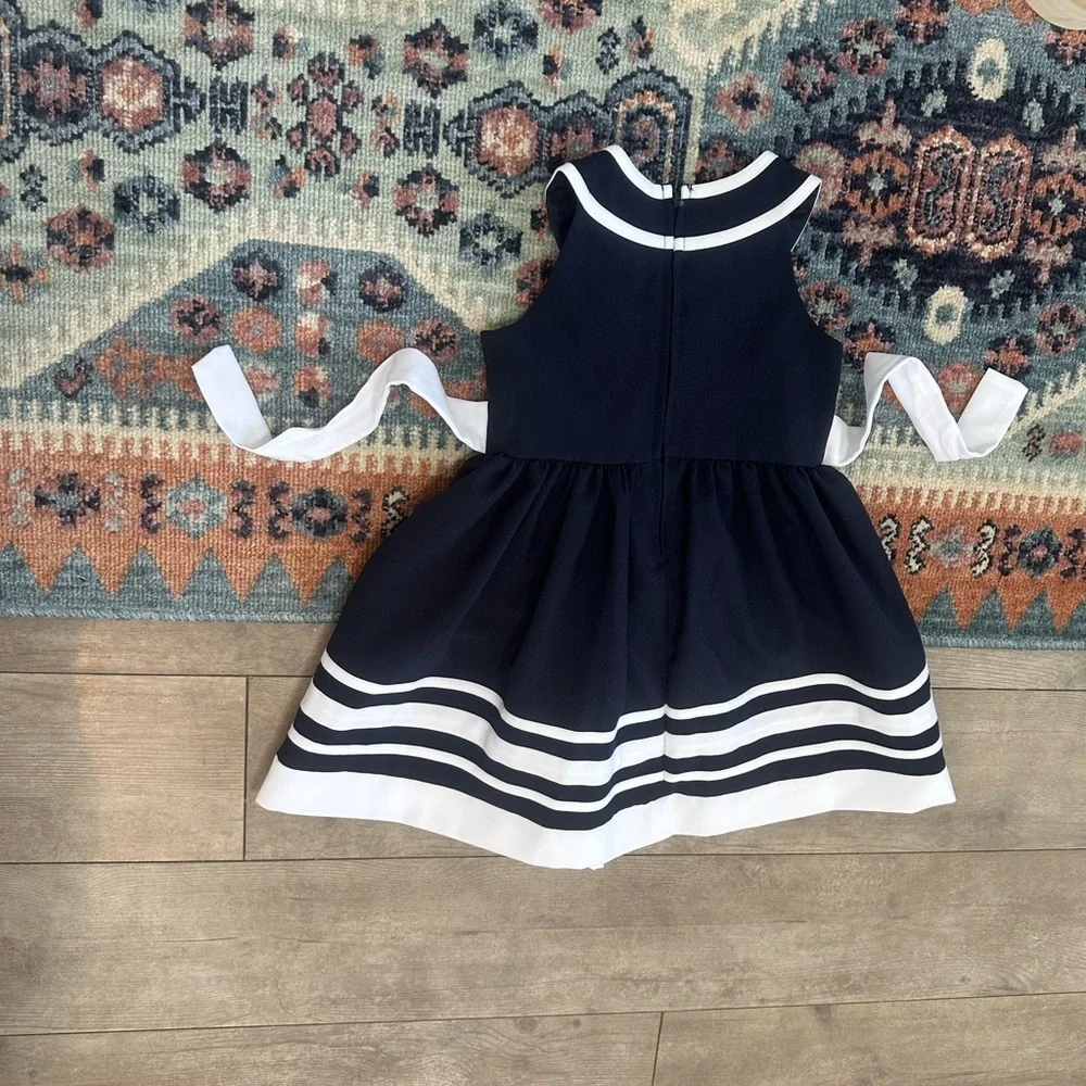 New Bonnie Jean Navy and White Formal Dress with Bow 3T Toddler Girl VTG Style